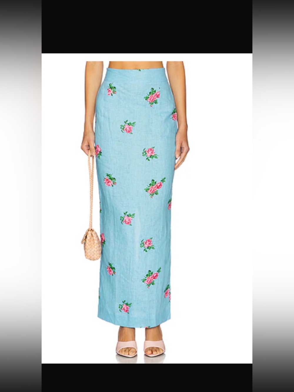 Sky Blue LINEN Floral Embroidered Maxi Skirt